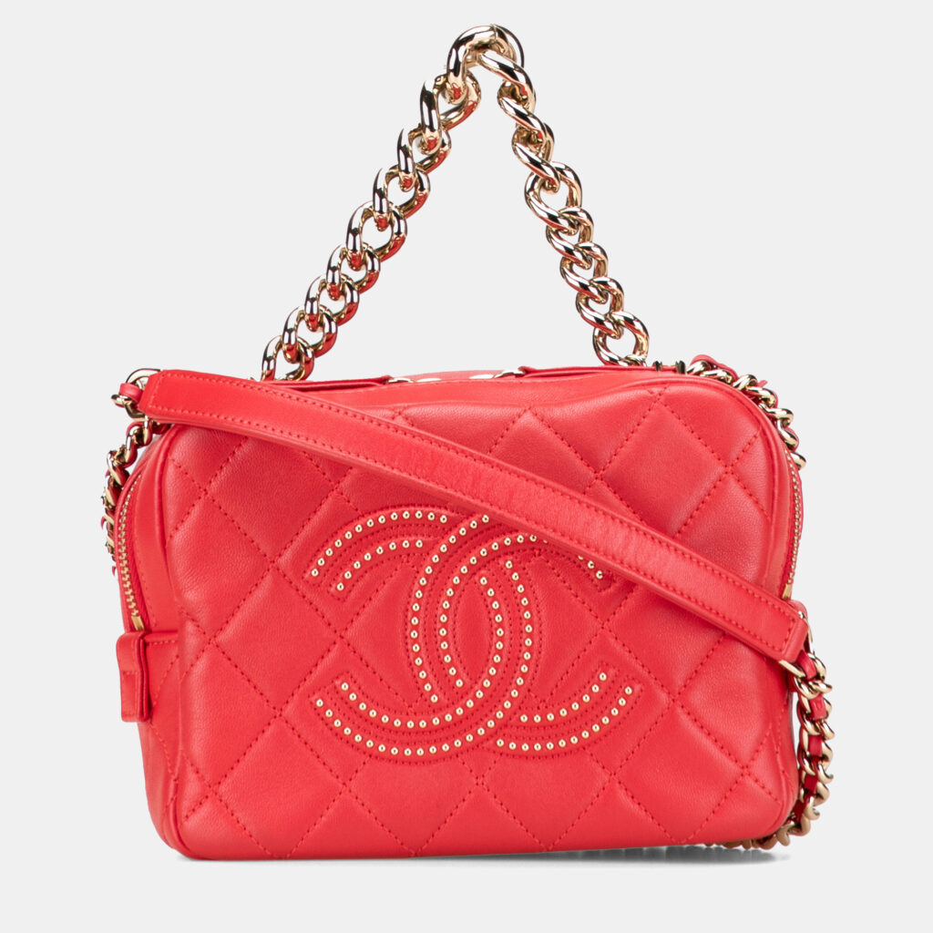 Chanel Red Quilted Lambskin Studded Beauty Begins Camera Bag Chanel Red Quilted Lambskin Studded Beauty Begins Camera Bag