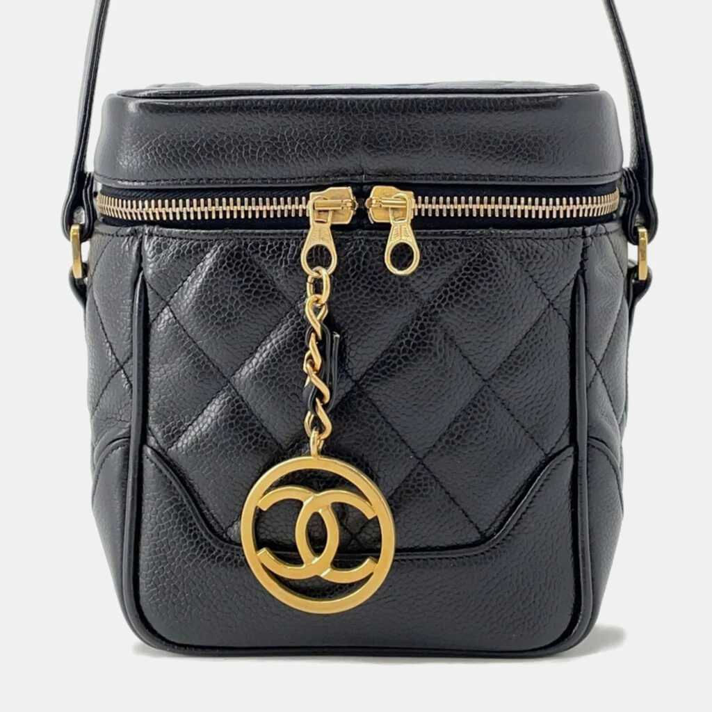 Chanel Matelasse Black Caviar Leather Chain Vanity Bag