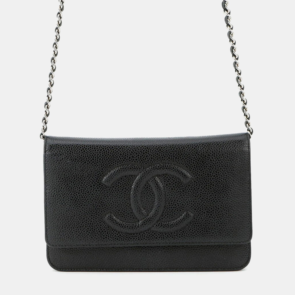 Chanel Cc Logo Chain Wallet Black Caviar Leather