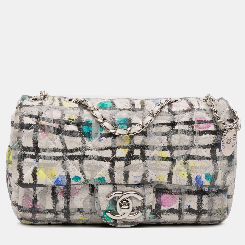 Chanel White Mini Rectangular Calfskin Hand Painted Graffiti Flap