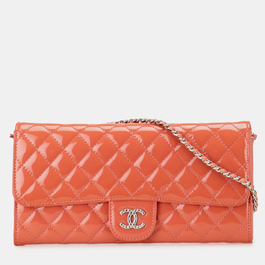 Chanel Red Quilted Patent Brilliant East West Wallet On Chain