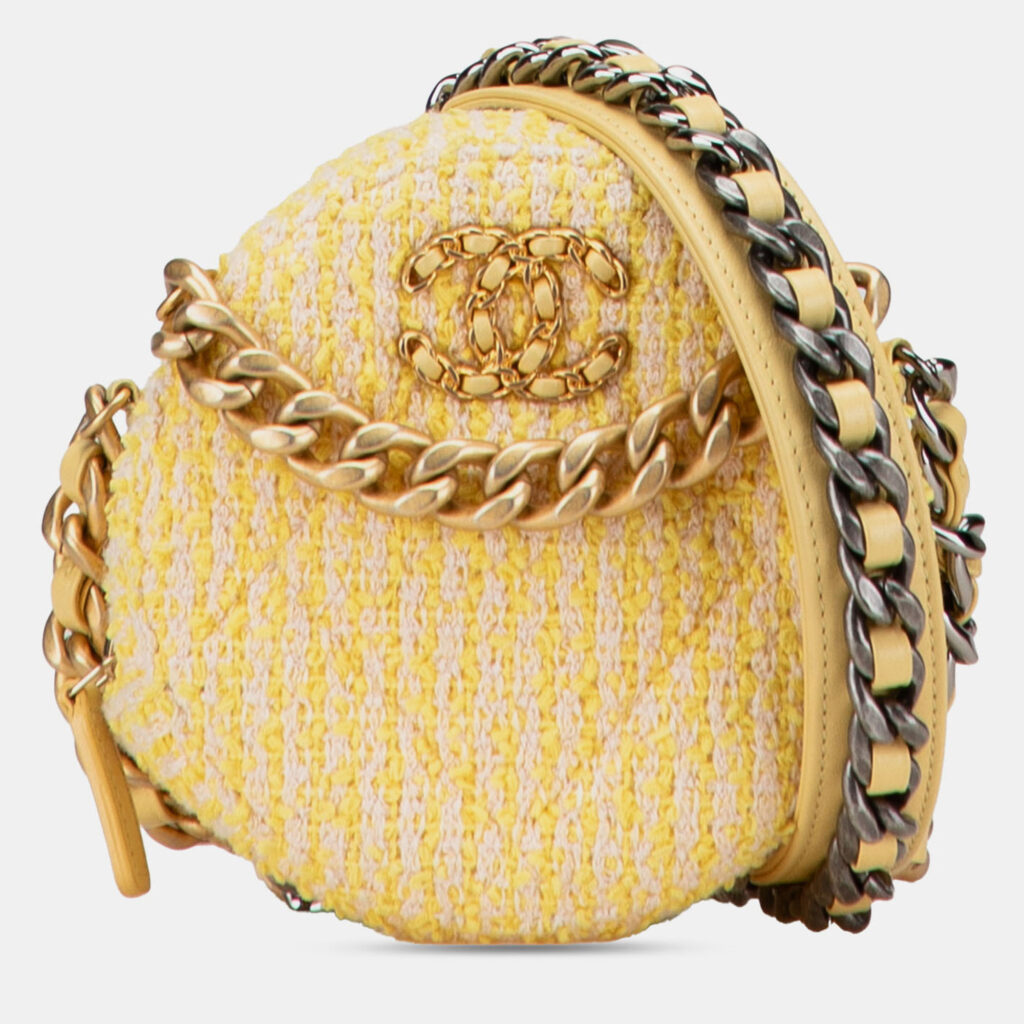 Chanel Yellow Tweed 19 Round Clutch with Chain
