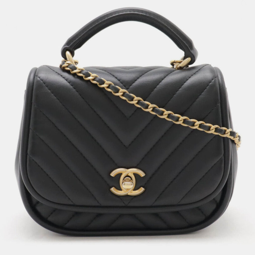 Chanel Reverse Chevron Black Lambskin Top Handle Single Flap Bag Chanel Reverse Chevron Black Lambskin Top Handle Single Flap Bag