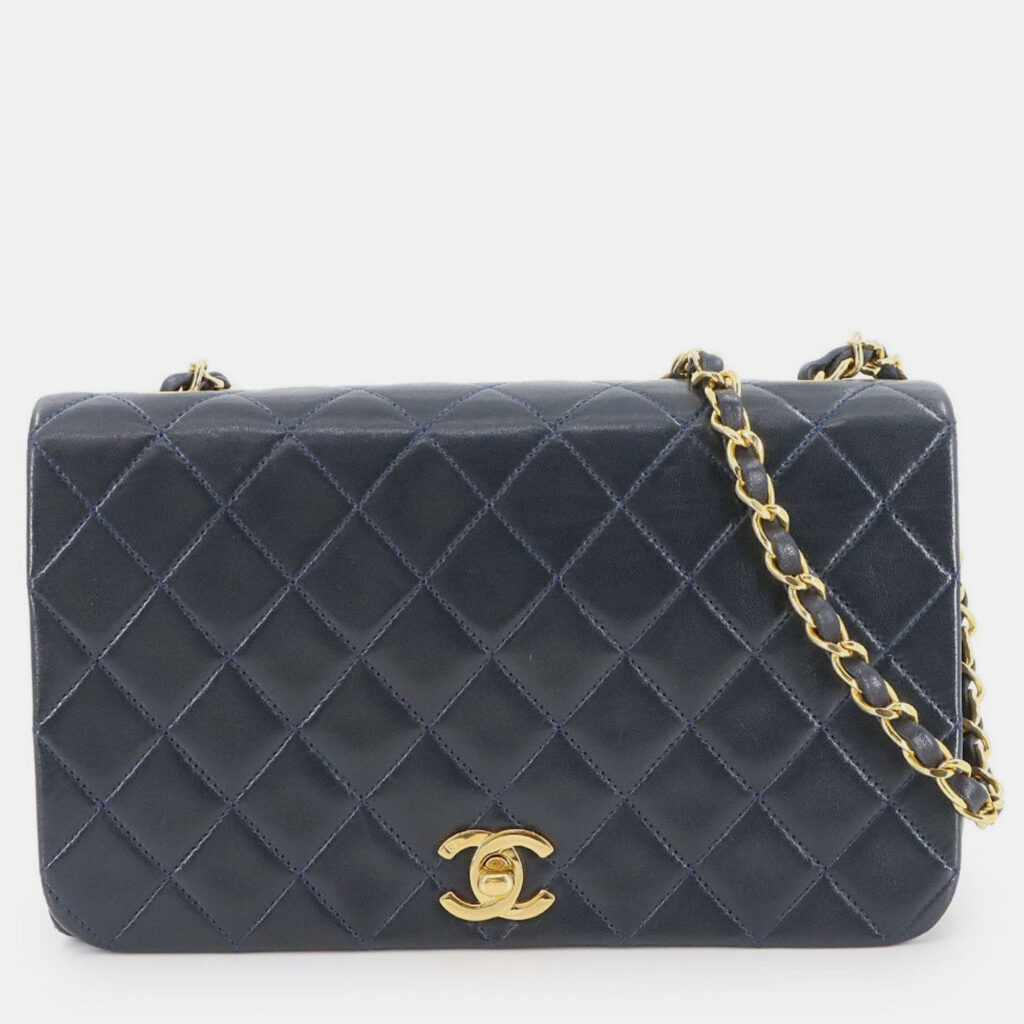 Chanel Full Flap Turnlock Blue Leather Shoulder Bag Chanel Full Flap Turnlock Blue Leather Shoulder Bag