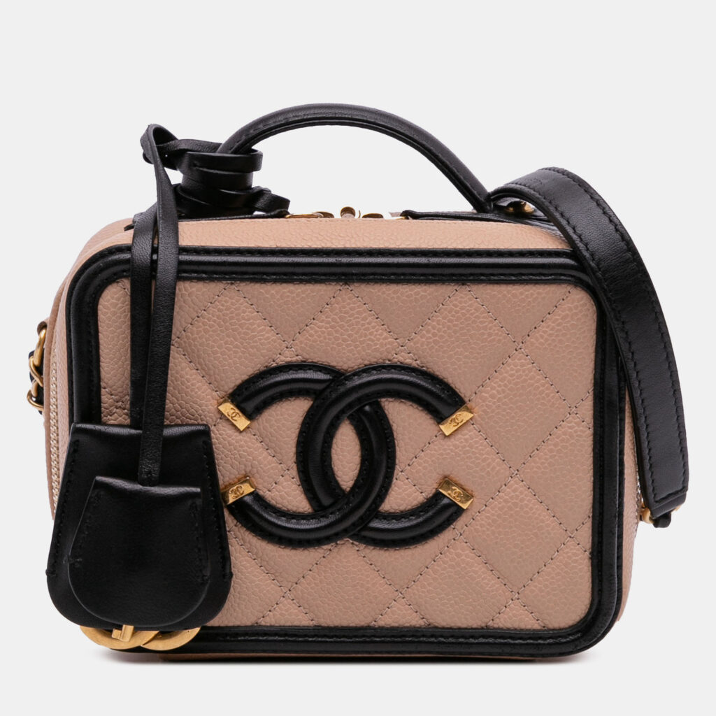 Chanel Brown Small Caviar CC Filigree Vanity Case