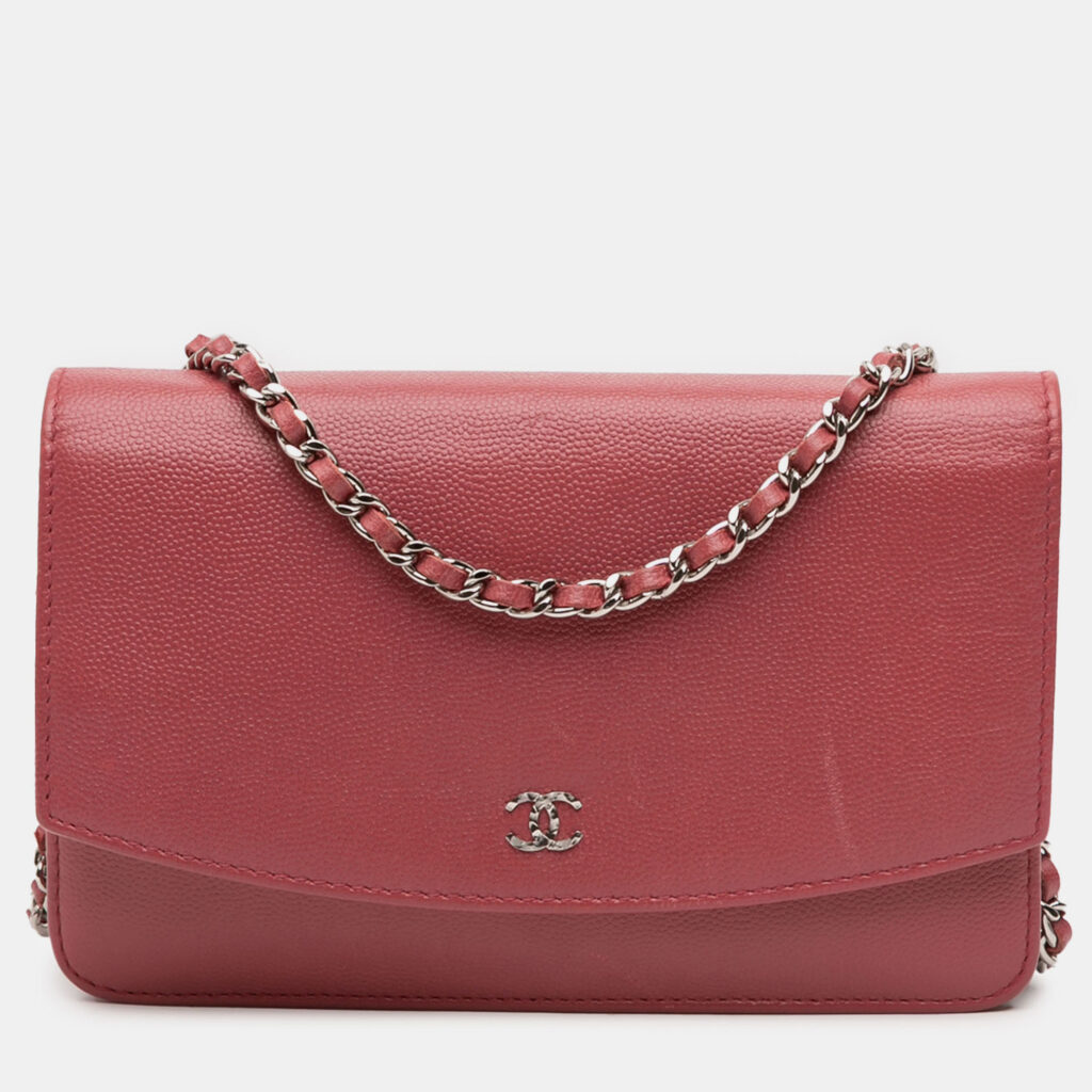 Chanel Red CC Caviar Sevruga Wallet On Chain