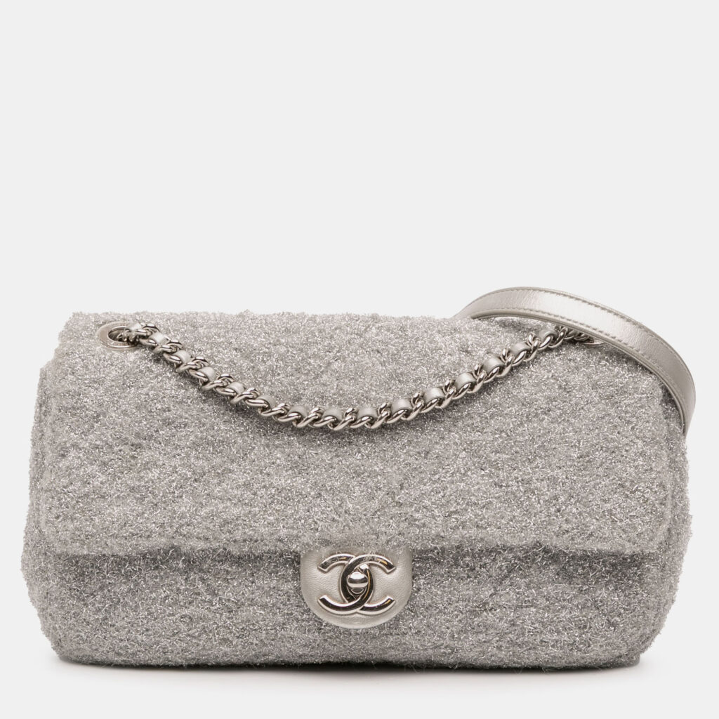 Chanel Silver Medium Quilted Lurex Ground Control Pluto Glitter Flap