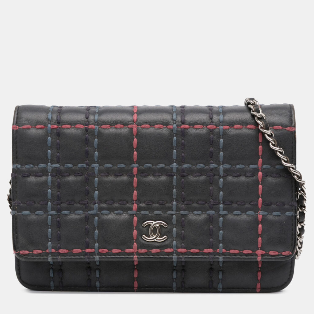 Chanel Blue CC Square Stitched Calfskin Wallet on Chain