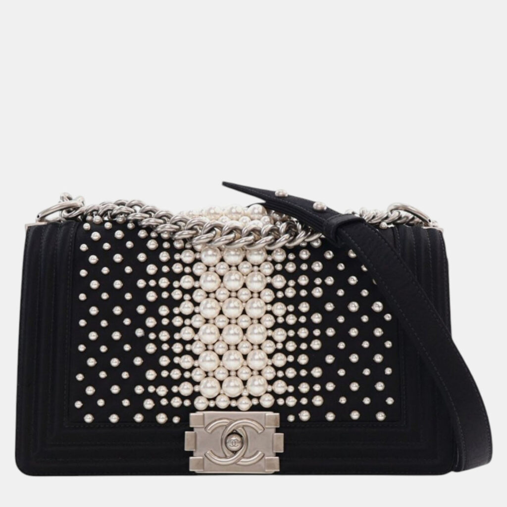 Chanel Old Medium Satin Pearl Embellished Boy Flap