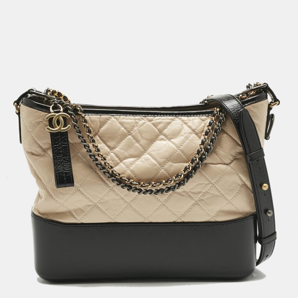 luxury-women-chanel-used-handbags-p1221799-002-1.jpg Chanel Beige/Black Quilted Aged Leather Medium Gabrielle Hobo
