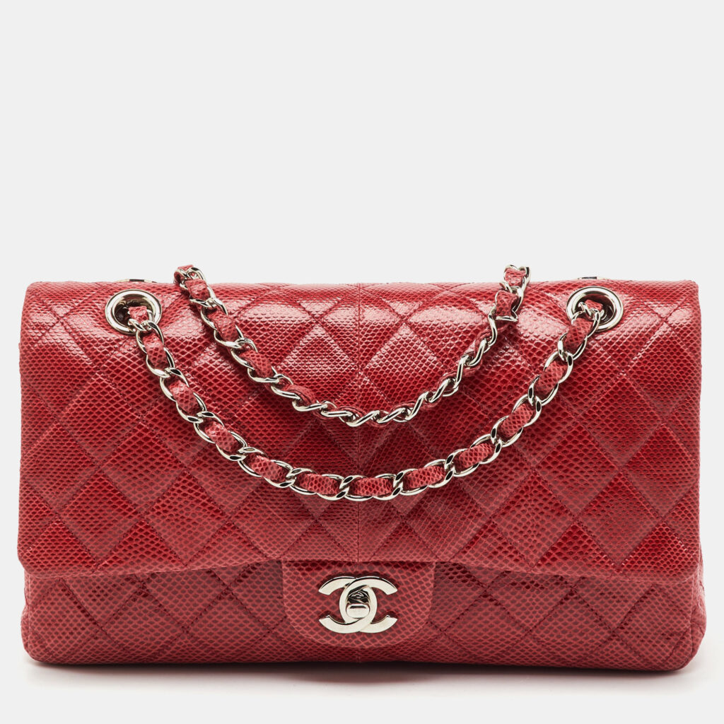 Chanel Red Quilted Snakeskin Medium Classic Double Flap Bag