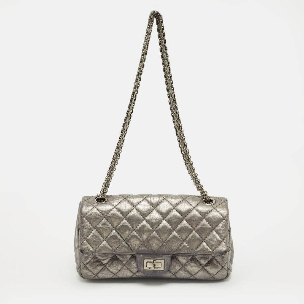 luxury-women-chanel-used-handbags-p1222391-013-1.jpg Chanel Metallic Grey Quilted Leather Triple Compartment Reissue Flap Bag