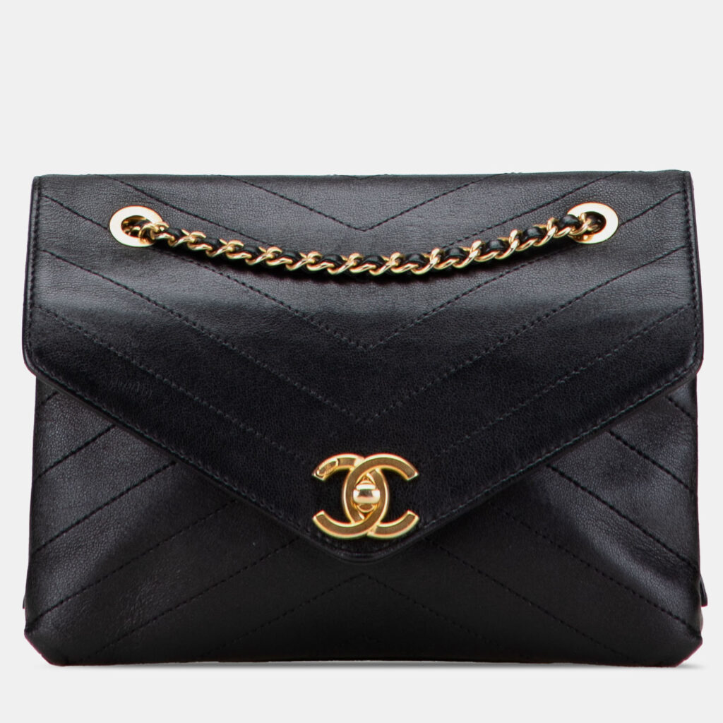 Chanel Black Small Chevron Lambskin Stitched Envelope Flap