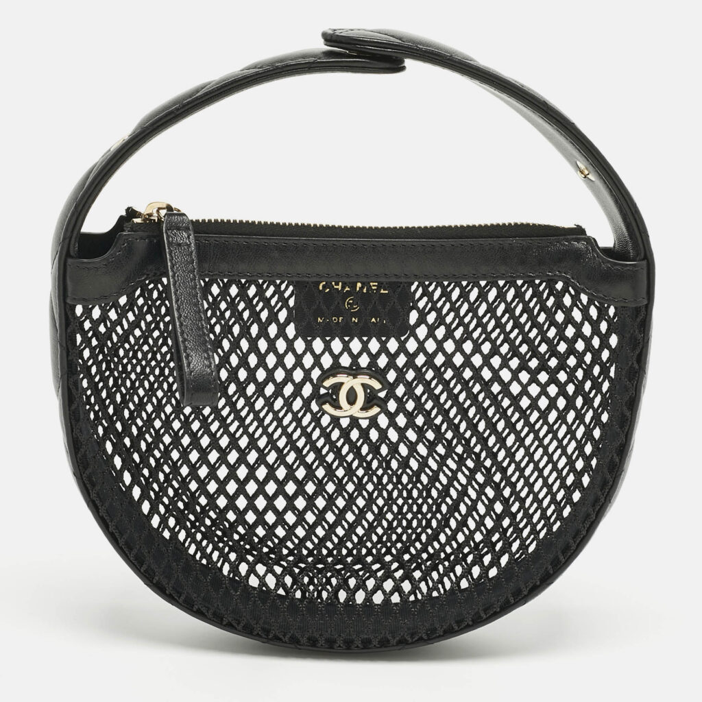 Chanel Black Quilted Leather and Mesh Mini Round Hobo