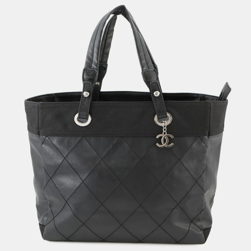 Chanel Paris-Biarritz Tote Bag Black Leather Canvas Size Mm