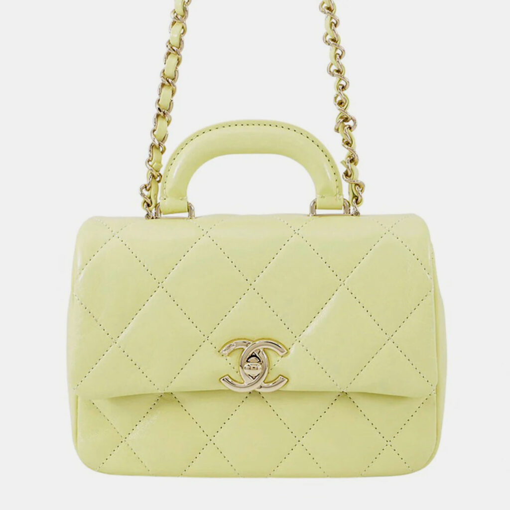 Chanel Top Handle Matelasse Shoulder Yellow Shiny Calf Leather Size Mini