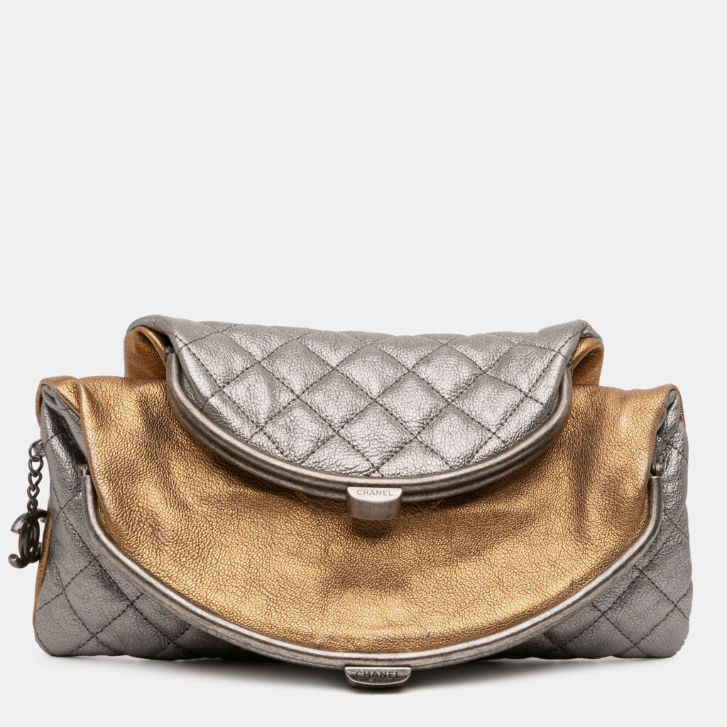 Chanel Gold Silver Quilted Metallic Goatskin Tabatiere Kisslock Foldover Clutch Chanel Gold Silver Quilted Metallic Goatskin Tabatiere Kisslock Foldover Clutch