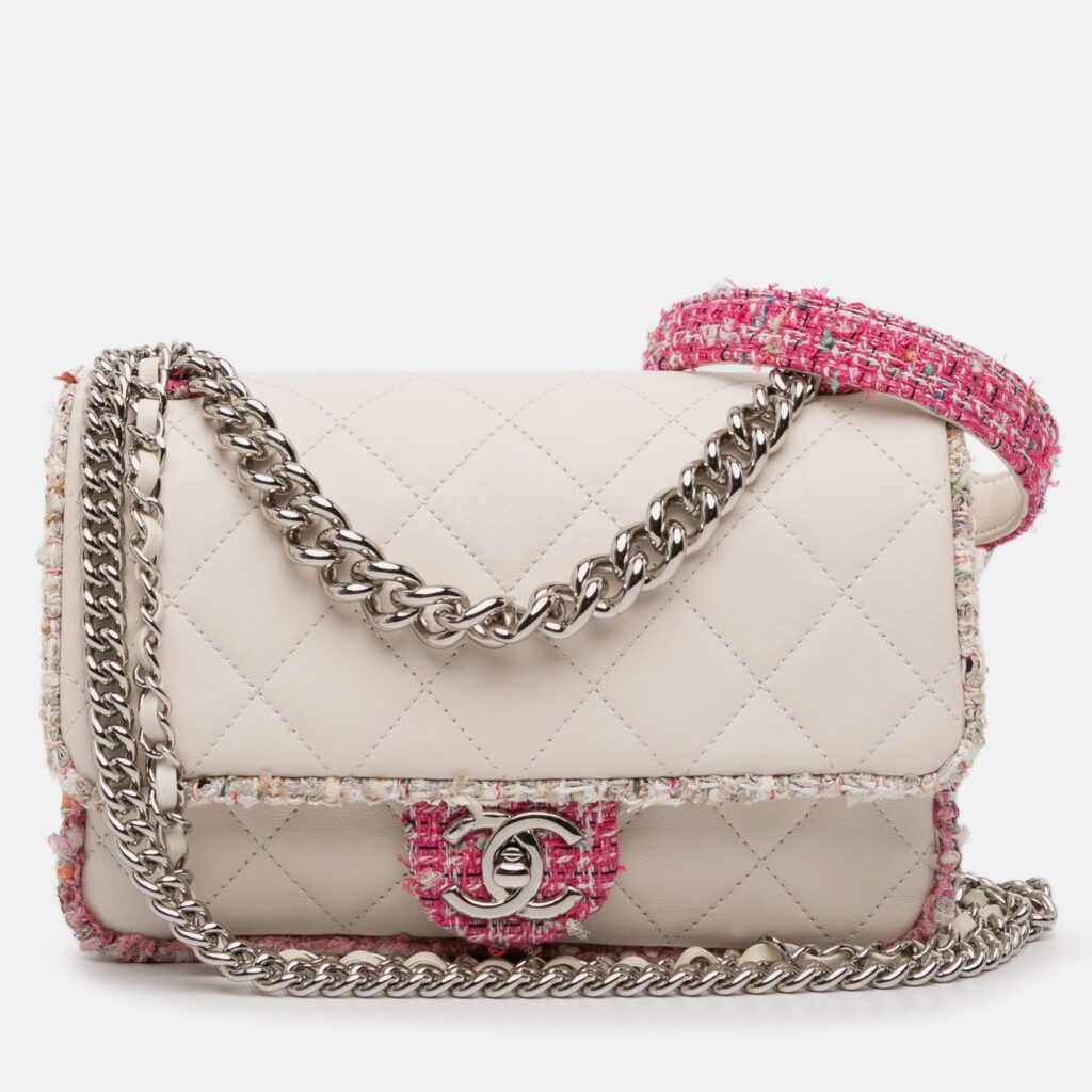 luxury-women-chanel-used-handbags-p1223698-036-1.jpg Chanel Cream Quilted Lambskin and Tweed Elegant Trim Flap