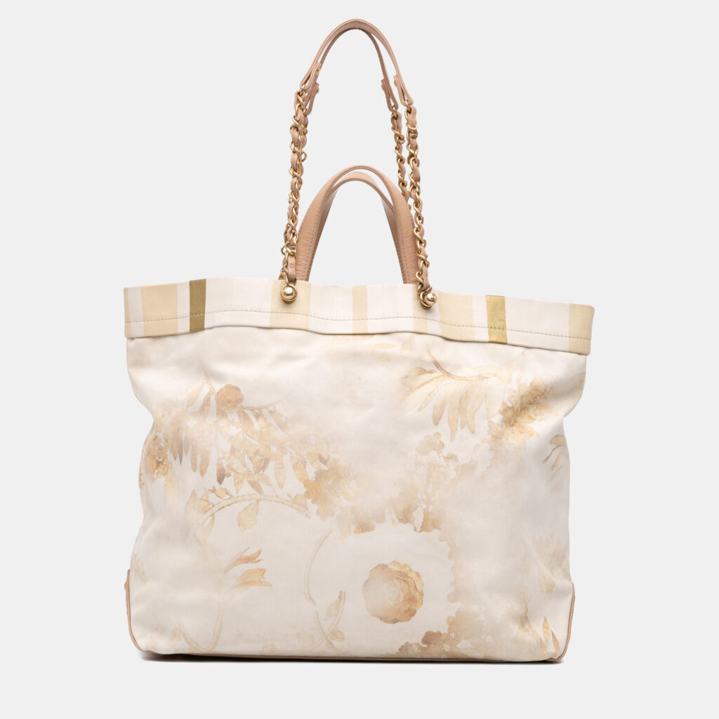 Chanel Beige Brown Canvas Floral Shopping Tote