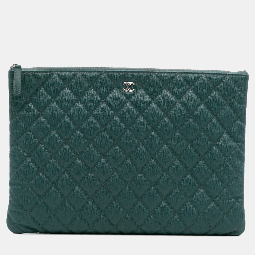 Chanel Green Large Quilted Caviar O Case Clutch Chanel Green Large Quilted Caviar O Case Clutch