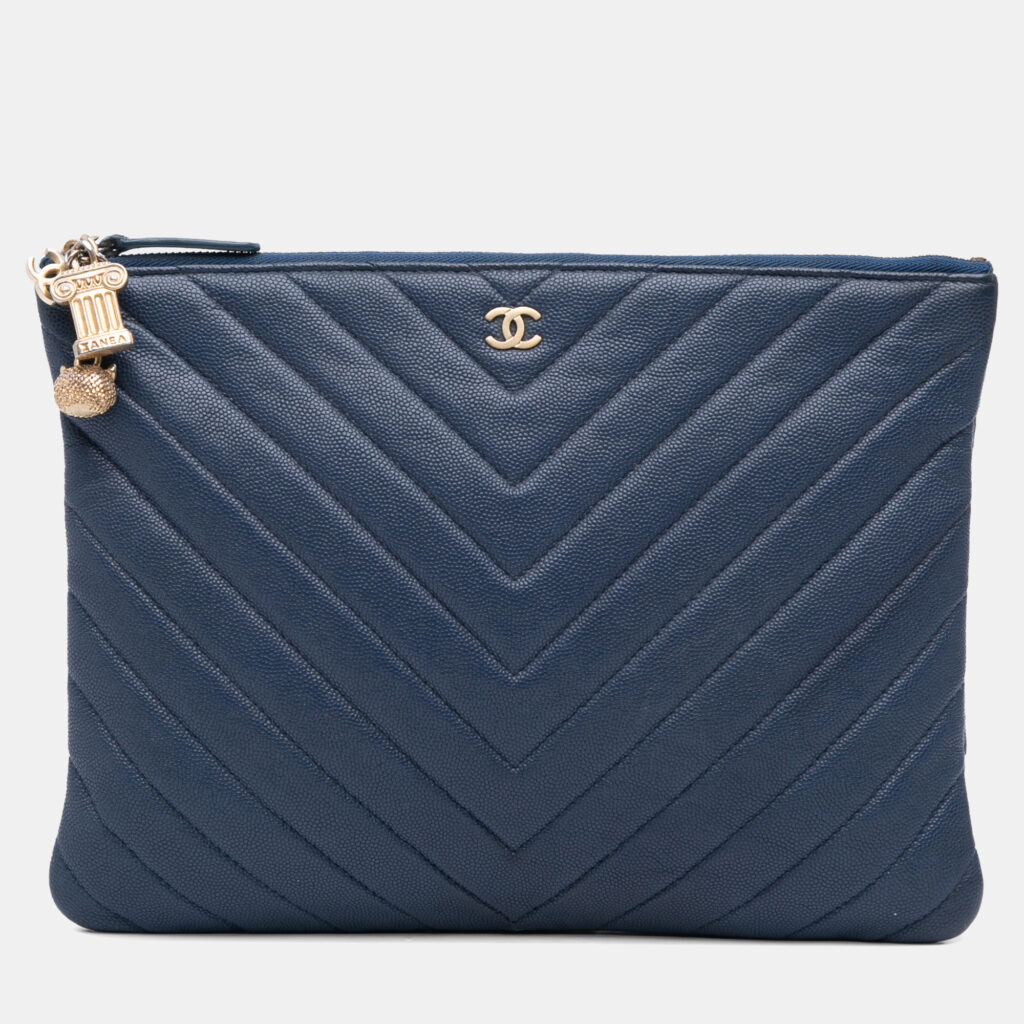 Chanel Blue Medium Chevron Caviar Ancient Greek Charms O Case Clutch Chanel Blue Medium Chevron Caviar Ancient Greek Charms O Case Clutch