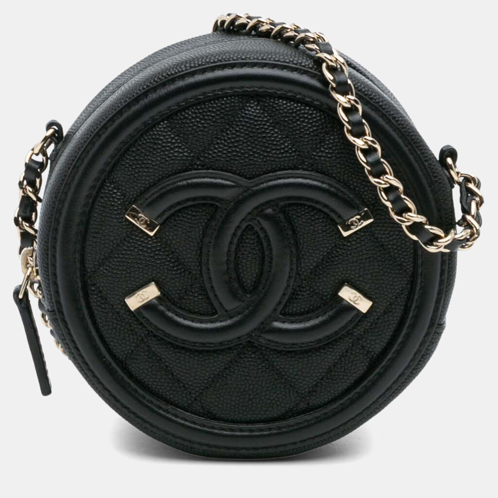 Chanel Black Caviar CC Filigree Round Clutch with Chain