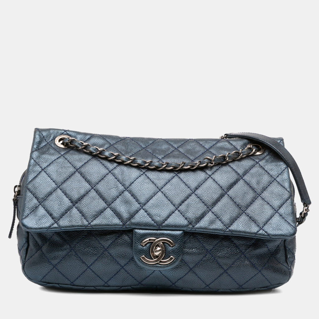 Chanel Blue Jumbo Quilted Iridescent Caviar Easy Flap