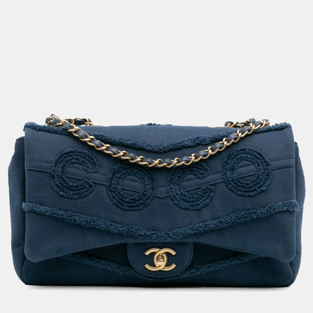 Chanel Blue Jumbo Chevron Denim Fringe Coco Flap Chanel Blue Jumbo Chevron Denim Fringe Coco Flap
