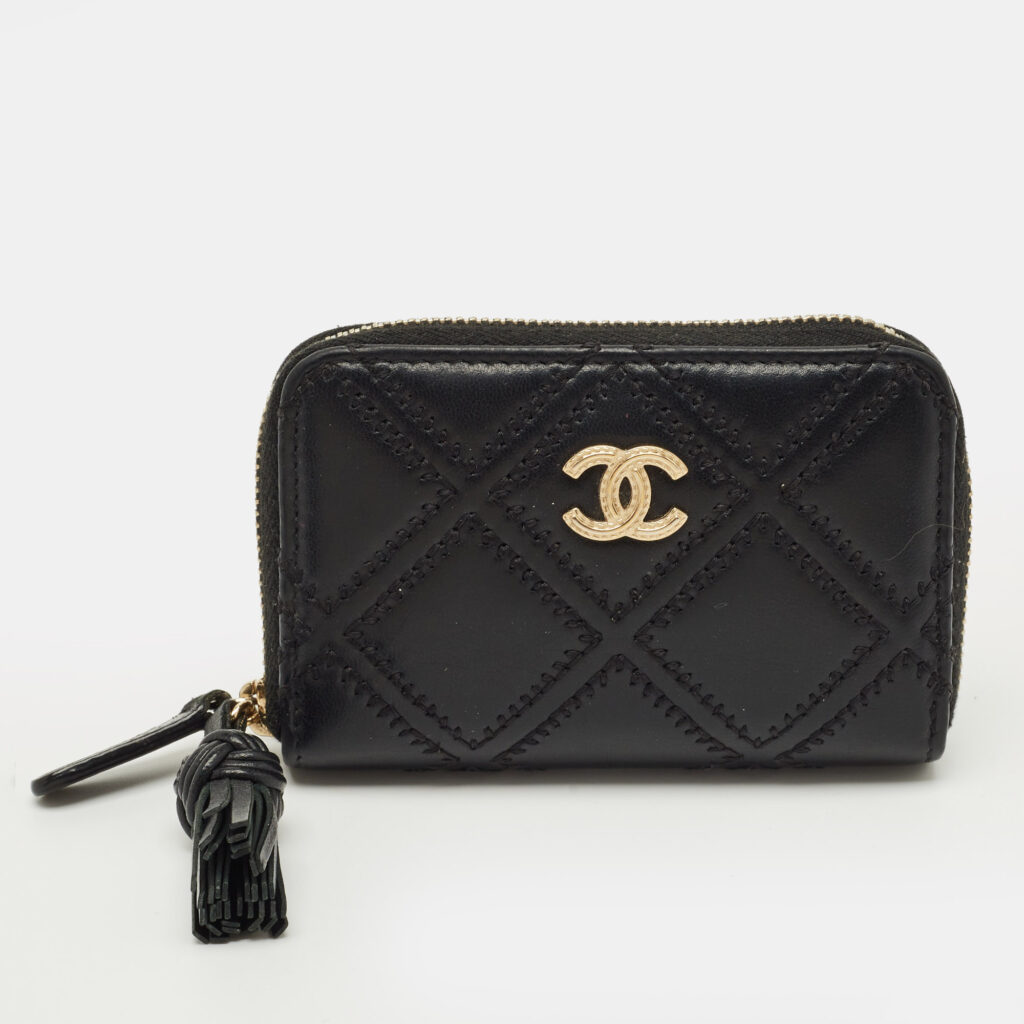 Chanel Black Double Stitched Quilted Leather CC Coin Purse