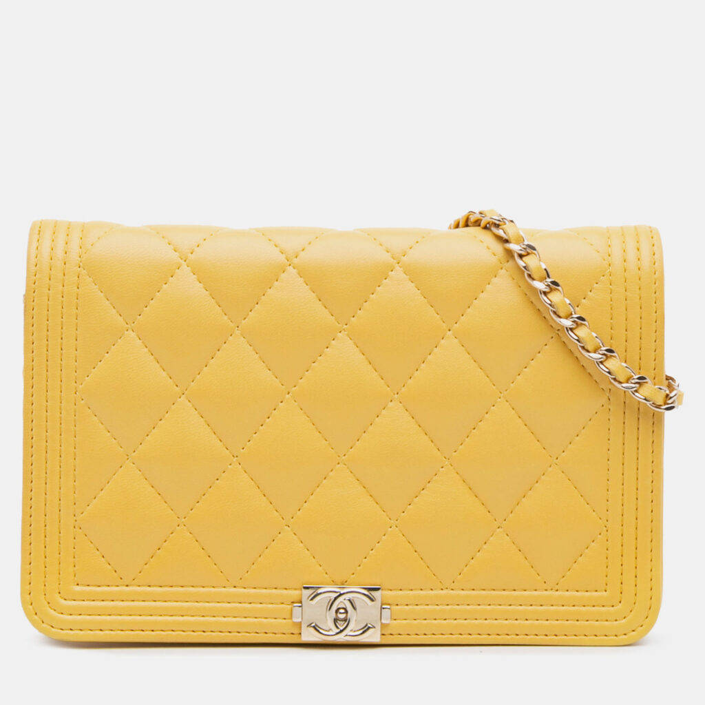 Chanel Yellow Quilted Lambskin Boy Wallet On Chain