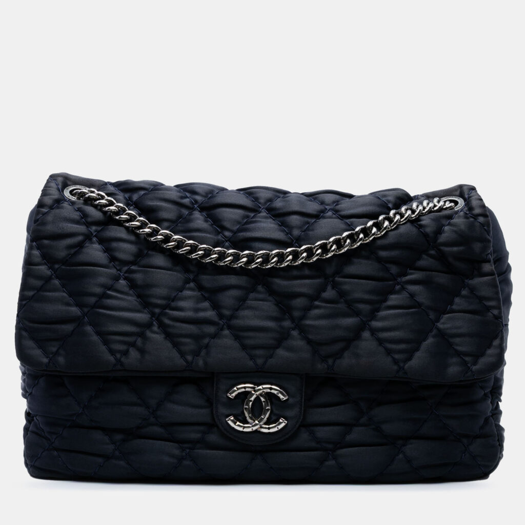 Chanel Navy Blue Extra Large CC Quilted Satin Single Flap