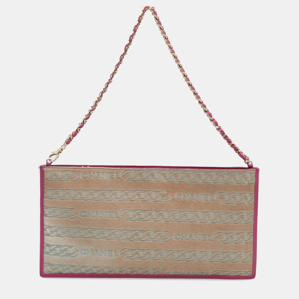 Chanel Pink Pony Hair Logo Chain Pochette