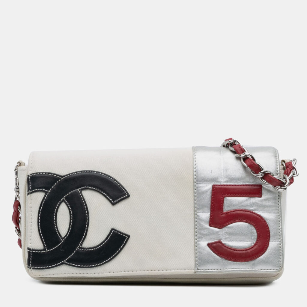 Chanel White CC Canvas and Metallic Lambskin No. 5 Chain Flap Chanel White CC Canvas and Metallic Lambskin No. 5 Chain Flap