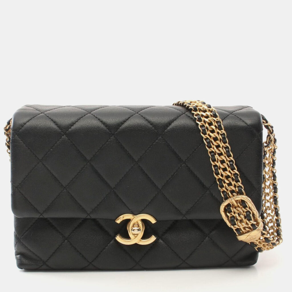 Chanel CC Logo Buckle Black Lambskin Chain Strap Flap Bag Chanel CC Logo Buckle Black Lambskin Chain Strap Flap Bag