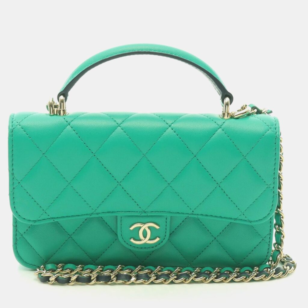 Chanel Green Leather Top Handle Flap Shoulder Bag Chanel Green Leather Top Handle Flap Shoulder Bag