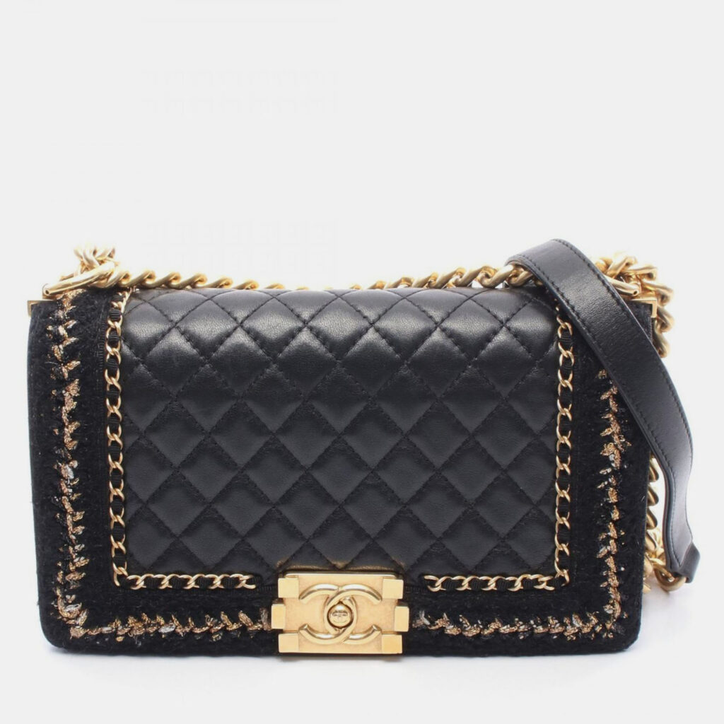 Chanel Boy Large Black Tweed Leather Shoulder Bag Chanel Boy Large Black Tweed Leather Shoulder Bag