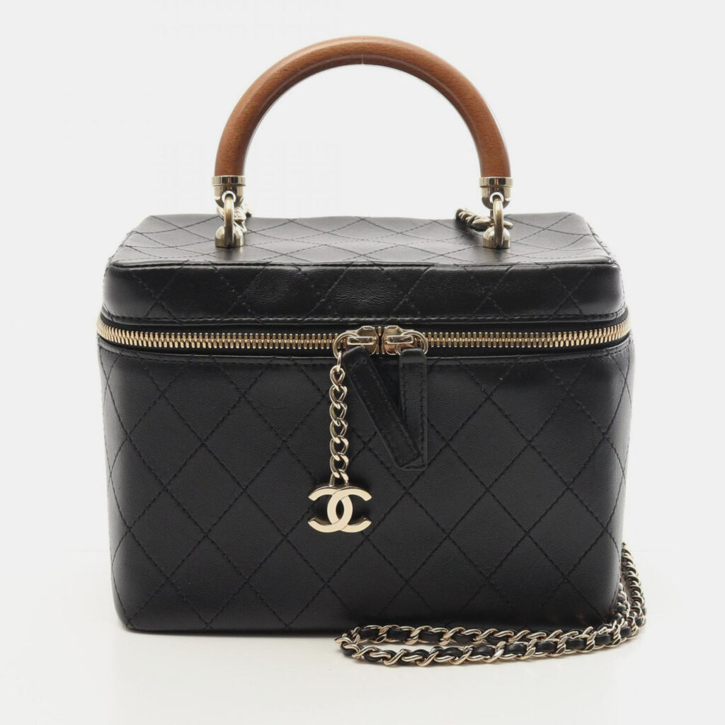 Chanel Vanity Case Black Leather Wooden Top Handle Shoulder Bag Chanel Vanity Case Black Leather Wooden Top Handle Shoulder Bag