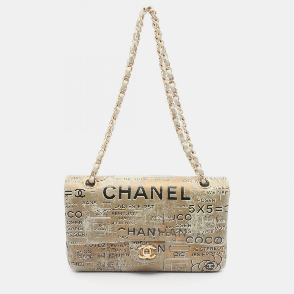 Chanel Graffiti Newspaper Print Double Flap Medium Leather Shoulder Bag Chanel Graffiti Newspaper Print Double Flap Medium Leather Shoulder Bag