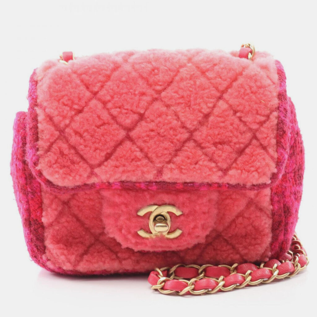 Chanel Square Mini Flap Fuchsia Shearling and Tweed Shoulder Bag Chanel Square Mini Flap Fuchsia Shearling and Tweed Shoulder Bag