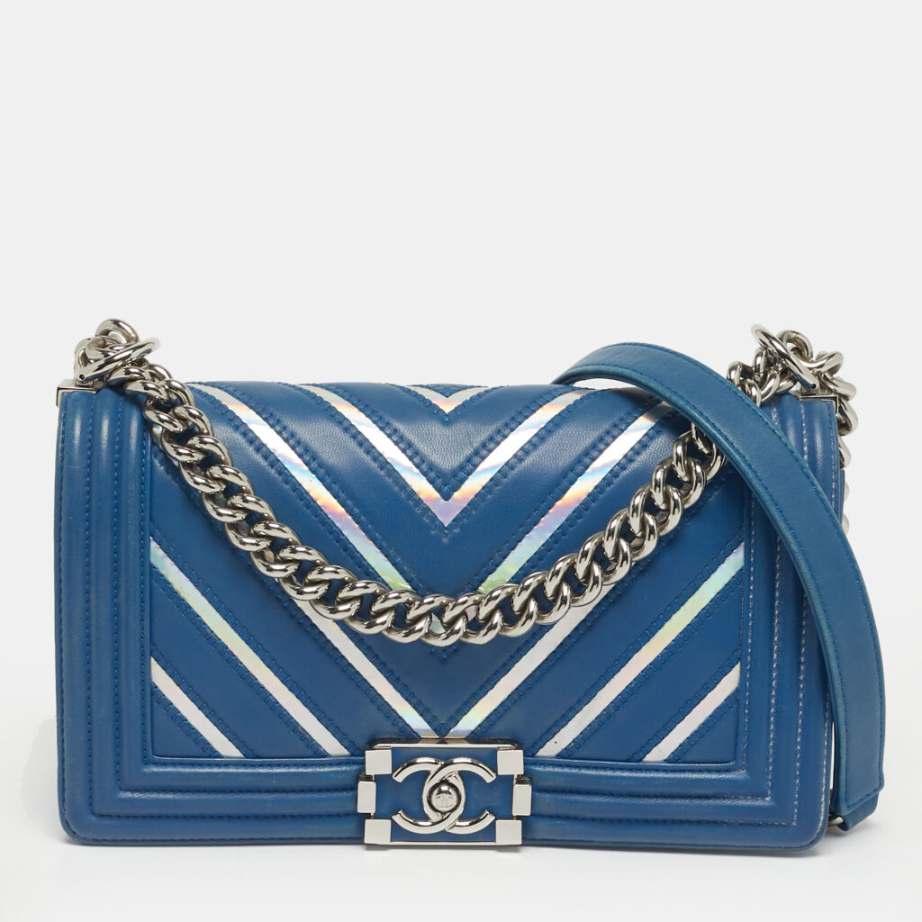 Chanel Blue/Iridescent Chevron PVC and Leather Medium Boy Flap Bag Chanel Blue/Iridescent Chevron PVC and Leather Medium Boy Flap Bag