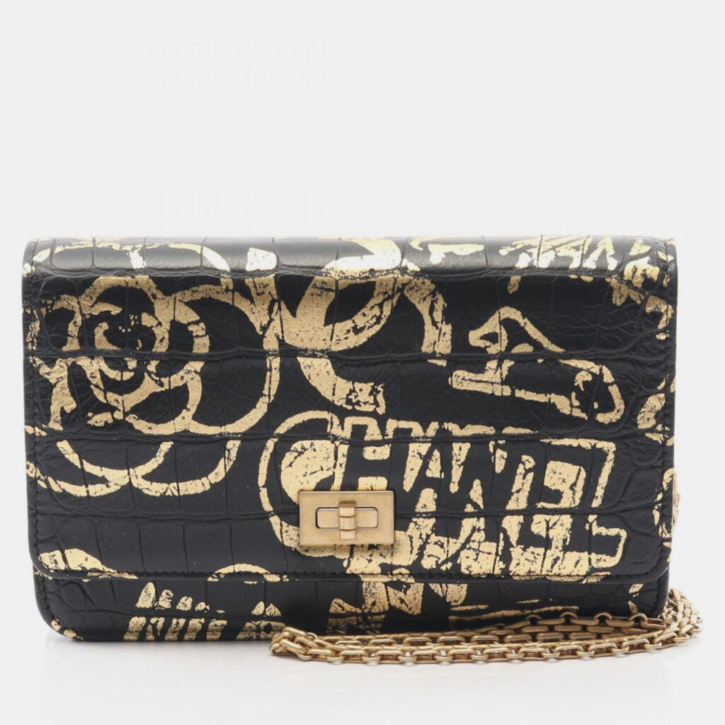 Chanel 2.55 Black Gold Graffiti Leather Shoulder Bag Chanel 2.55 Black Gold Graffiti Leather Shoulder Bag