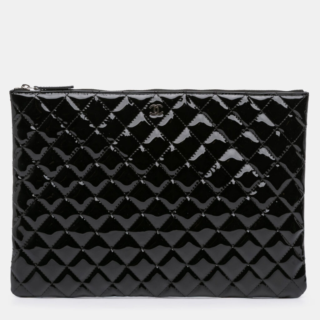 Chanel Black Large Quilted Patent O Case Clutch Chanel Black Large Quilted Patent O Case Clutch