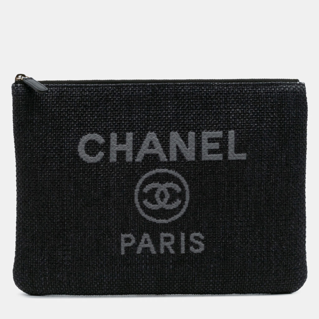 Chanel Black Medium Straw Deauville O Case Clutch Chanel Black Medium Straw Deauville O Case Clutch