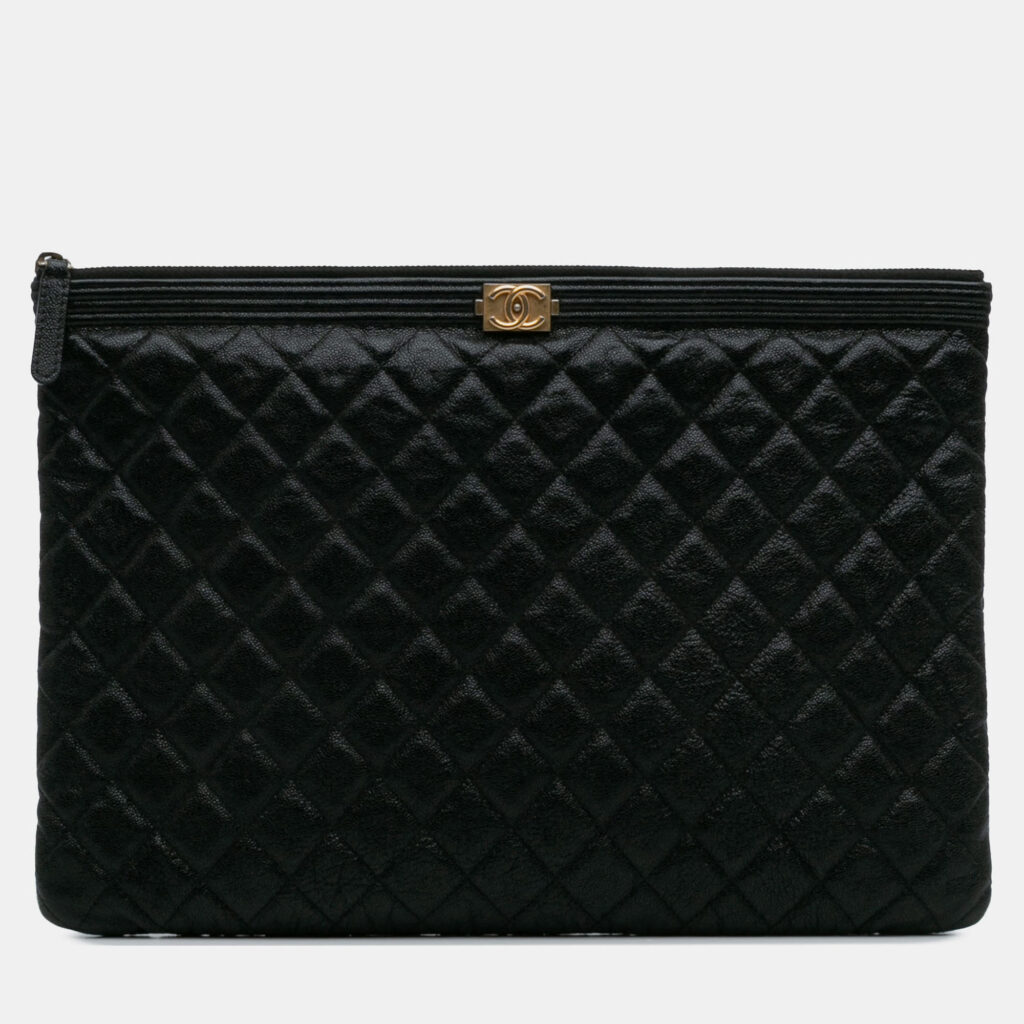 luxury-women-chanel-used-handbags-p1227358-003-1.jpg Chanel Black Large Lambskin Boy O Case Clutch