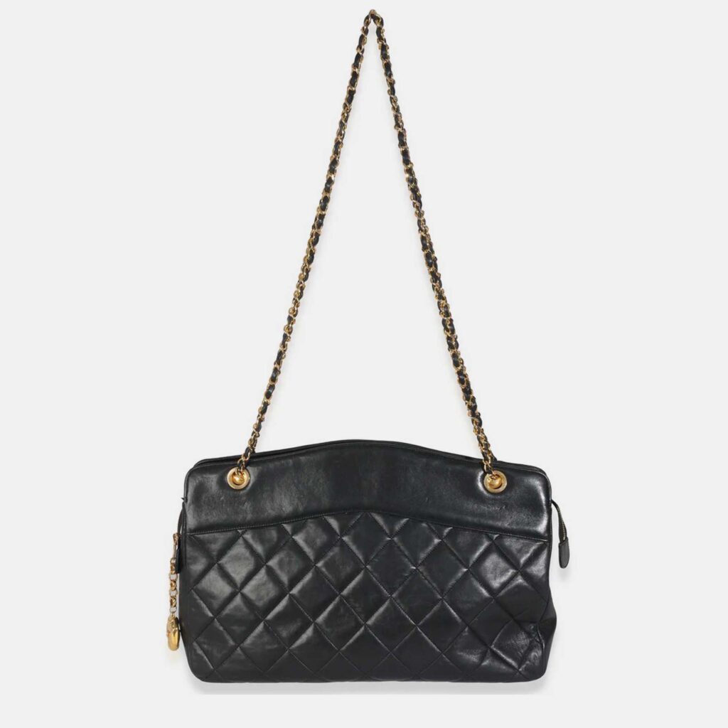 Chanel Vintage Black Quilted Lambskin Matelasse Chain Shoulder Bag