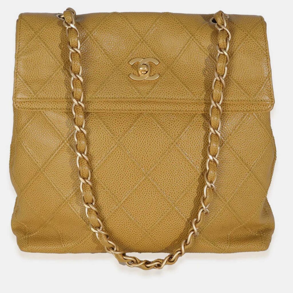 Chanel Beige Quilted Caviar Chain Flap Shoulder Bag