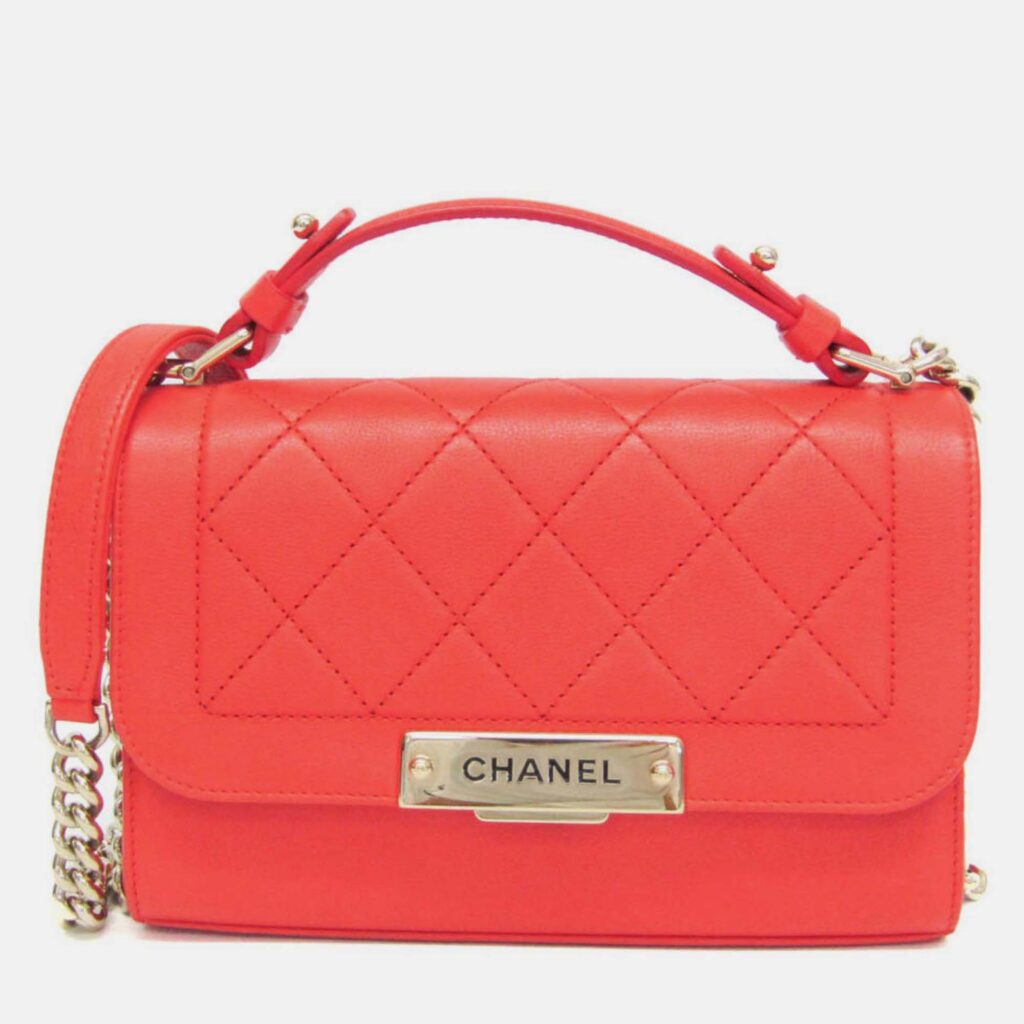 Chanel Orange Leather Matelasse Label Click Chain Shoulder Bag Chanel Orange Leather Matelasse Label Click Chain Shoulder Bag