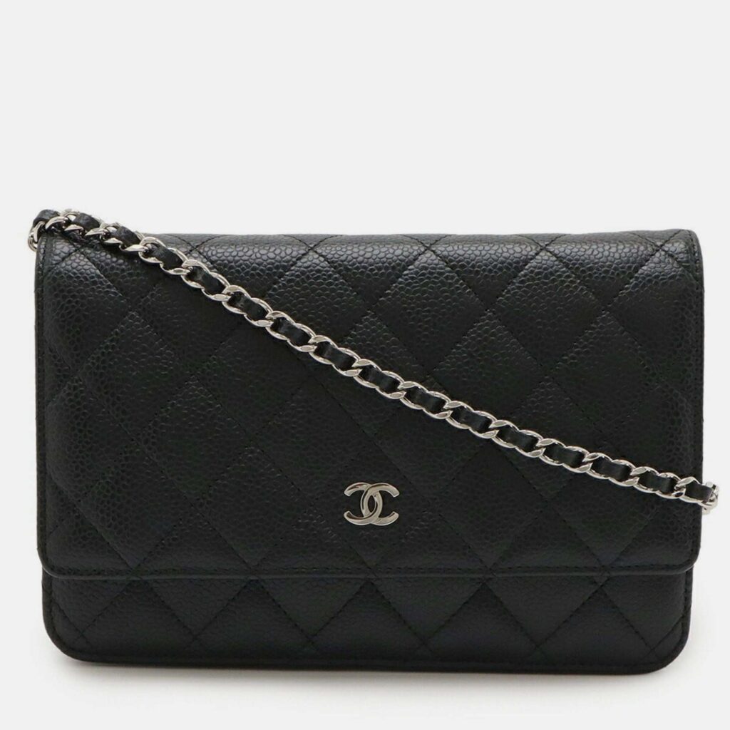 Chanel Matelasse Chain Wallet Shoulder Bag Pochette In Black Caviar Leather Chanel Matelasse Chain Wallet Shoulder Bag Pochette In Black Caviar Leather