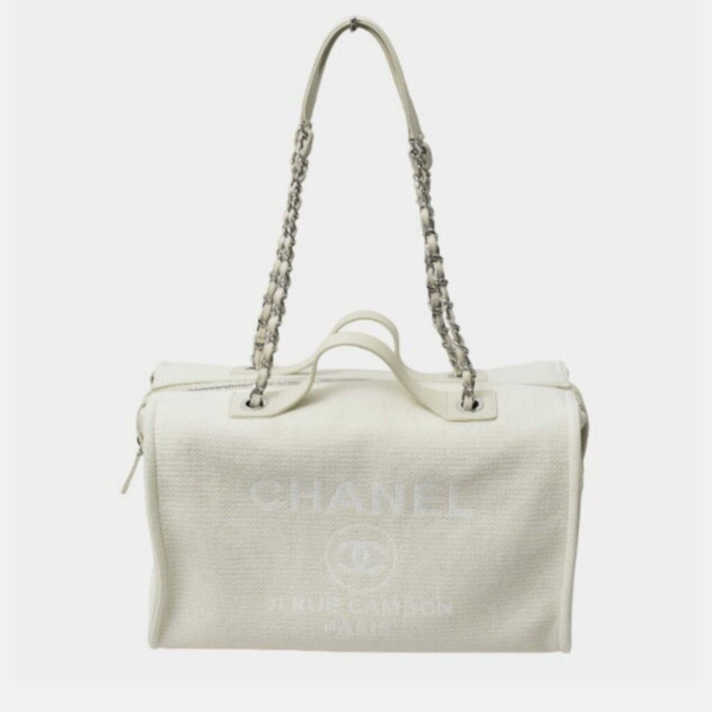 Chanel Deauville White Canvas Leather Boston Shoulder Bag