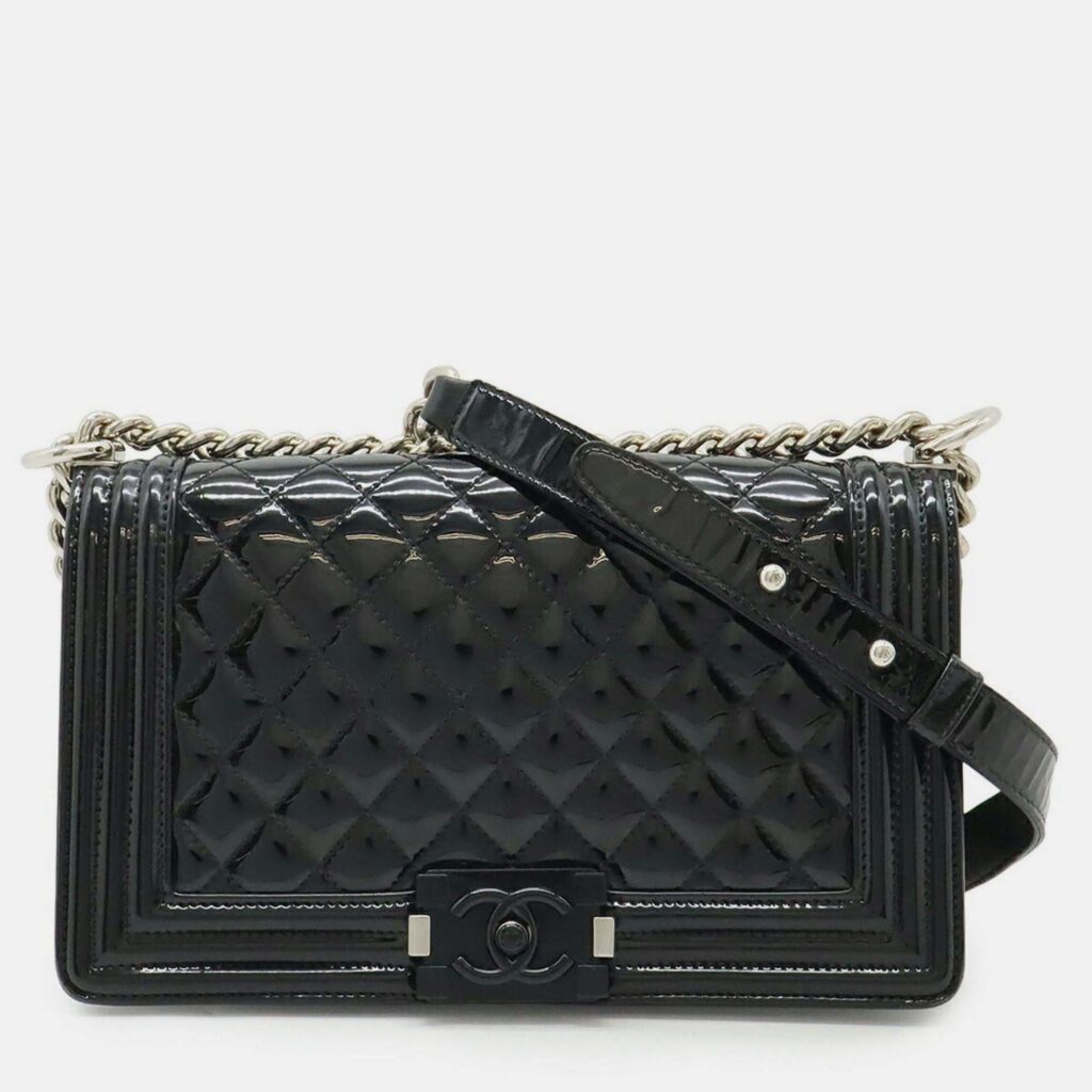 Chanel Boy Chanel Matelasse Coco Mark Chain Shoulder Bag In Black Enamel Leather